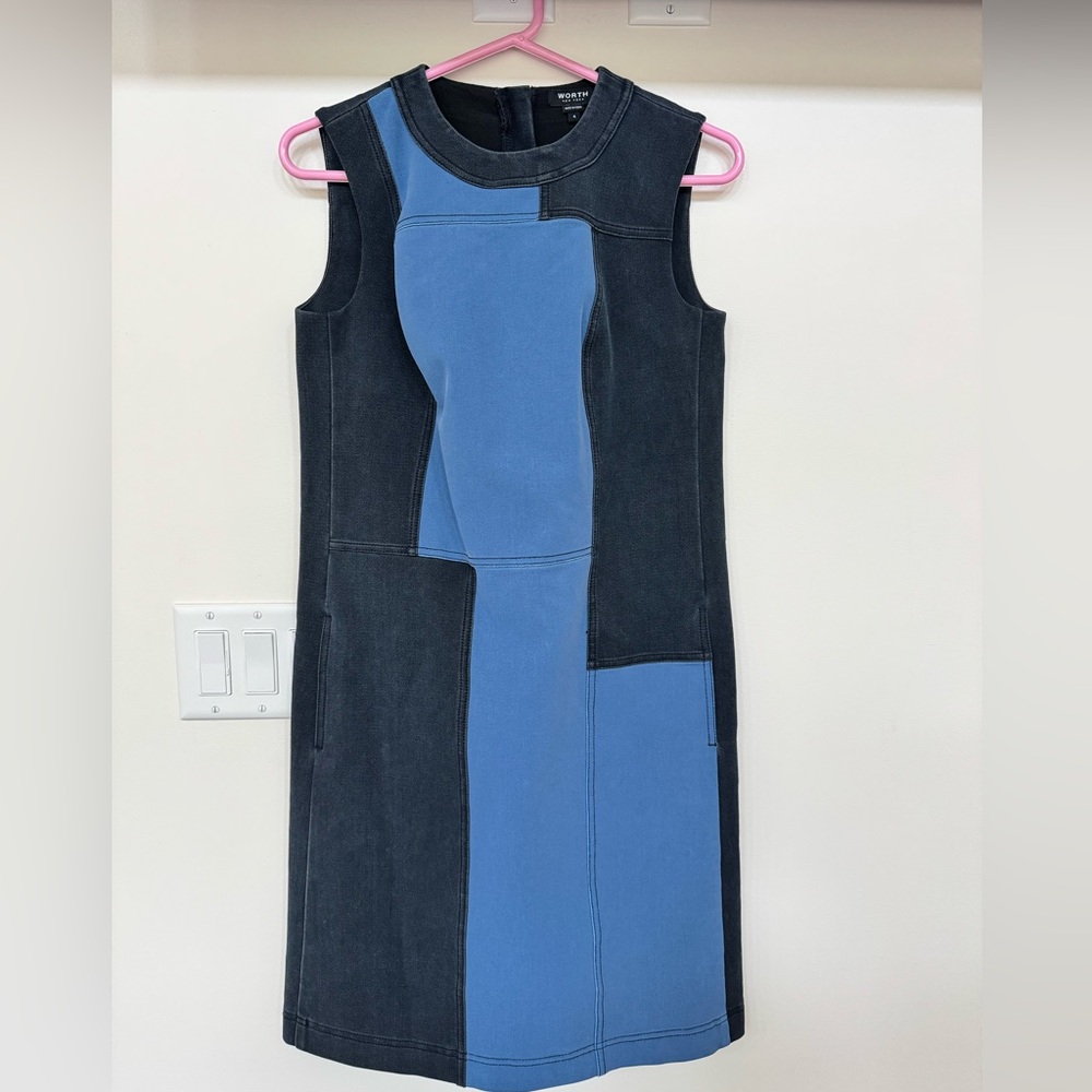 Worth Blue and Black Midi Sheath Dress